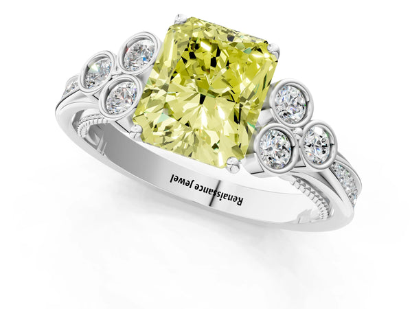 Platinum Radiant Cut Vintage Engagement Ring Setting for Fancy Yellow Center