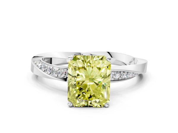 Platinum Fancy Yellow Radiant Cut Diamond Engagement Ring with Side Stone Accents and Four-Prong Setting