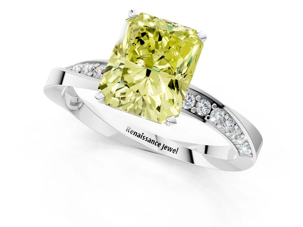 Platinum Fancy Yellow Radiant Cut Diamond Engagement Ring with Side Stone Accents and Four-Prong Setting