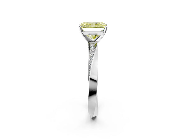 Platinum Fancy Yellow Radiant Cut Diamond Engagement Ring with Side Stone Accents and Four-Prong Setting