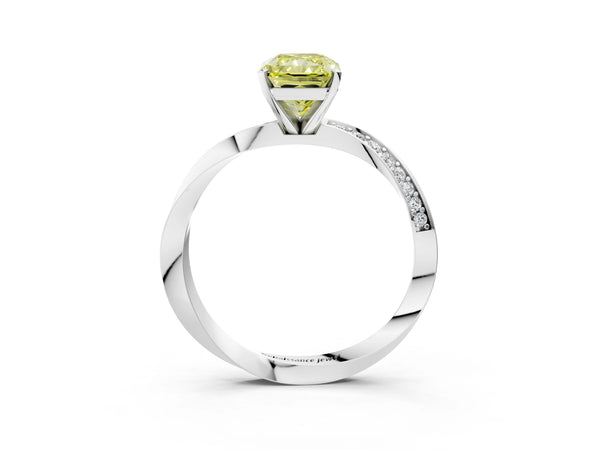 Platinum Fancy Yellow Radiant Cut Diamond Engagement Ring with Side Stone Accents and Four-Prong Setting
