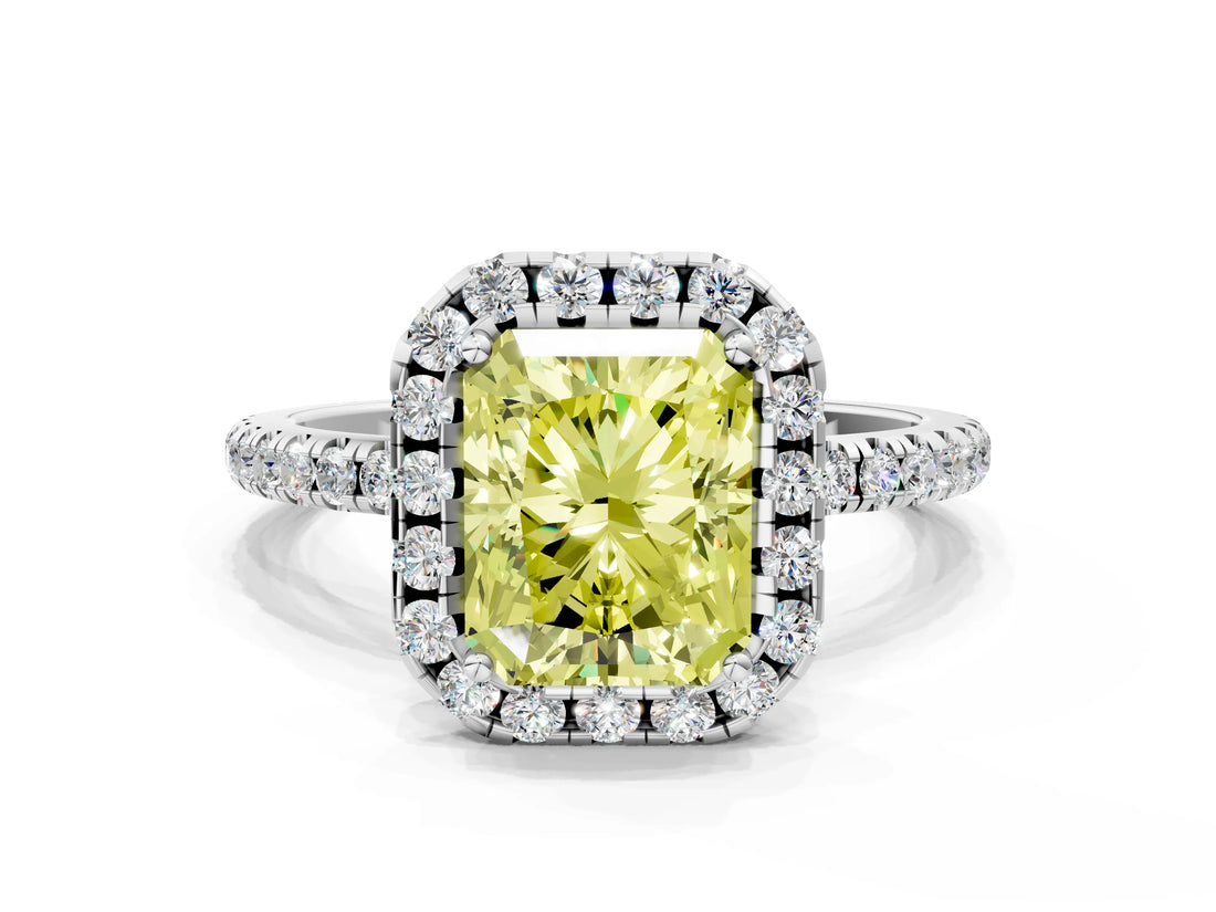 White gold Fancy Yellow Radiant  Cut Diamond Floral Halo Engagement Ring with Pavé Band and Prong Setting_49