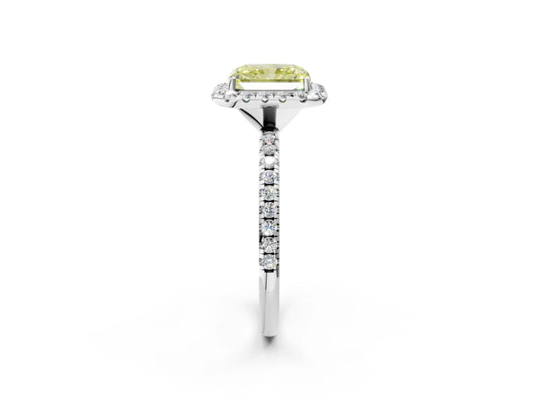 White gold Fancy Yellow Radiant  Cut Diamond Floral Halo Engagement Ring with Pavé Band and Prong Setting