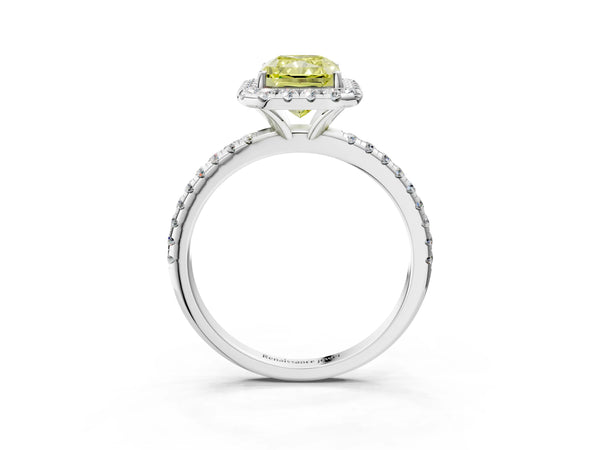 White gold Fancy Yellow Radiant  Cut Diamond Floral Halo Engagement Ring with Pavé Band and Prong Setting