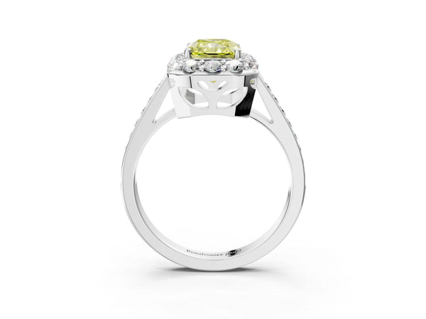 Platinum Fancy Yellow Radiant Cut Diamond Floral Halo Ring with Pavé Band and Prong Setting