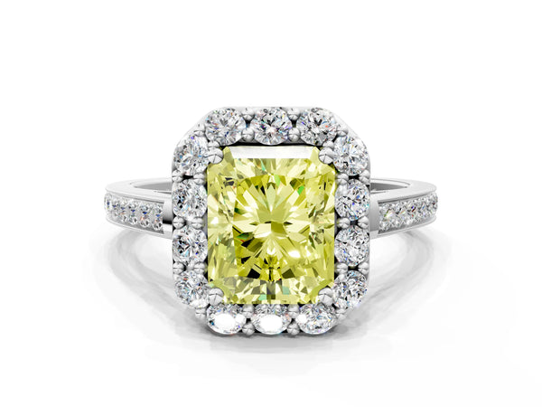 Platinum Fancy Yellow Radiant Cut Diamond Floral Halo Ring with Pavé Band and Prong Setting