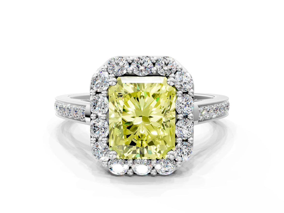 White gold Fancy Yellow Radiant Cut Diamond Floral Halo Ring with Pavé Band and Prong Setting_7