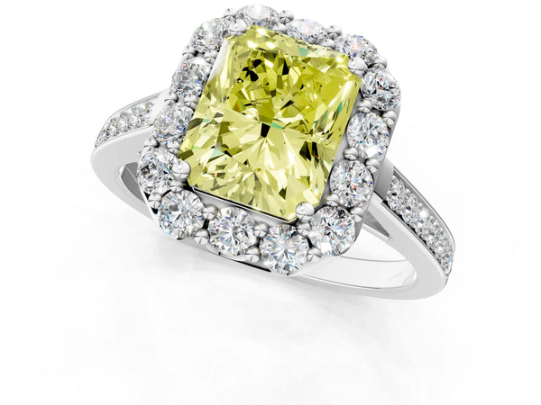 Platinum Fancy Yellow Radiant Cut Diamond Floral Halo Ring with Pavé Band and Prong Setting
