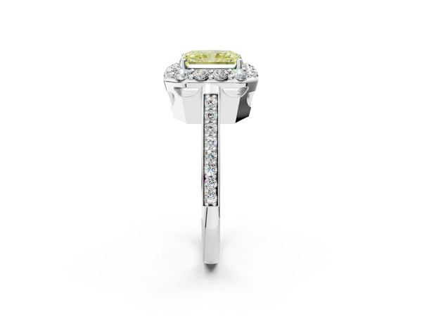 Platinum Fancy Yellow Radiant Cut Diamond Floral Halo Ring with Pavé Band and Prong Setting