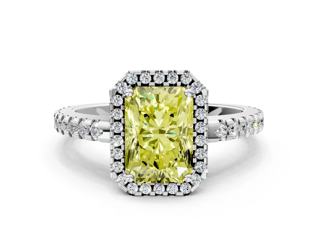 White gold Fancy Yellow Radiant Cut Diamond Halo Engagement Ring with Pavé Band and Prong Setting_51