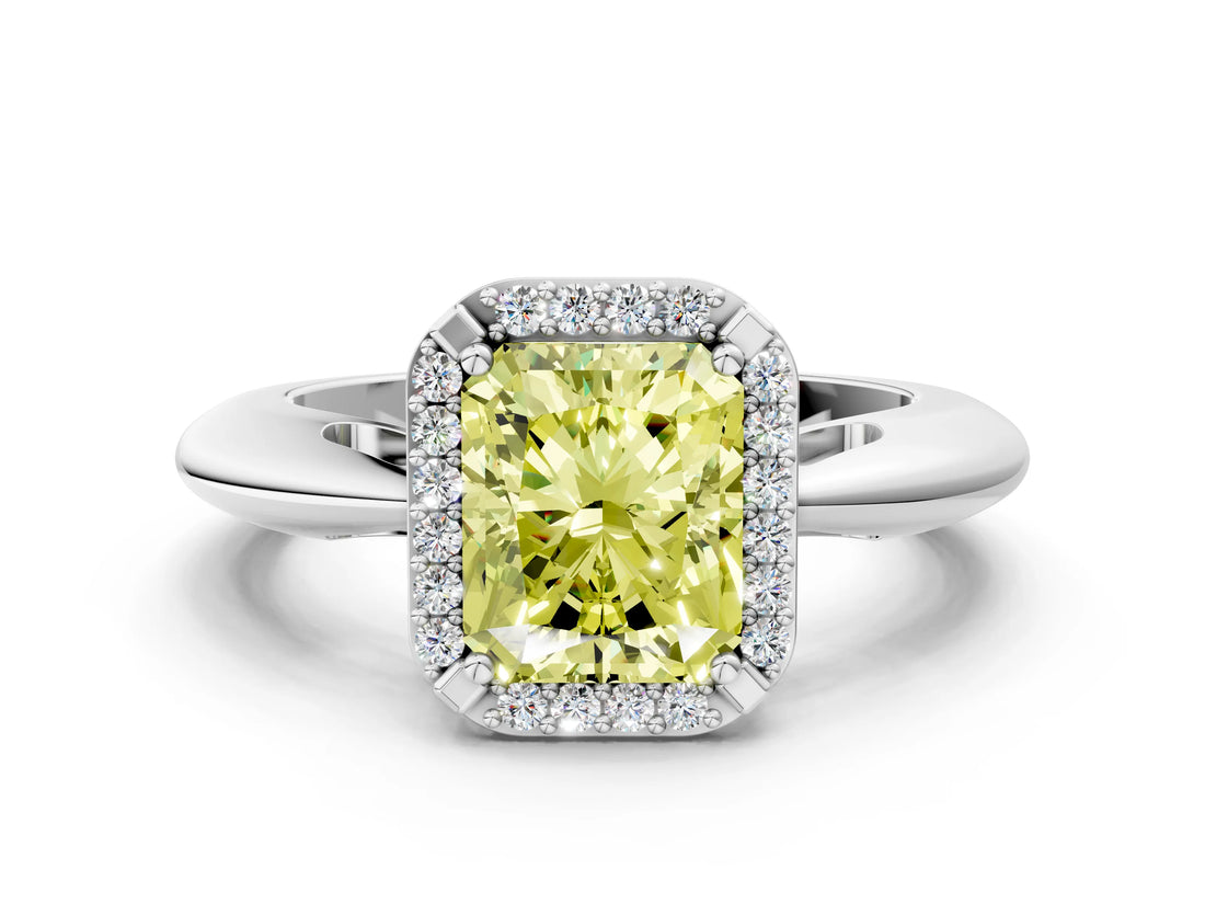 White gold Fancy Yellow Radiant  Cut Diamond Halo Engagement Ring with Split Shank and Four-Prong Setting_90