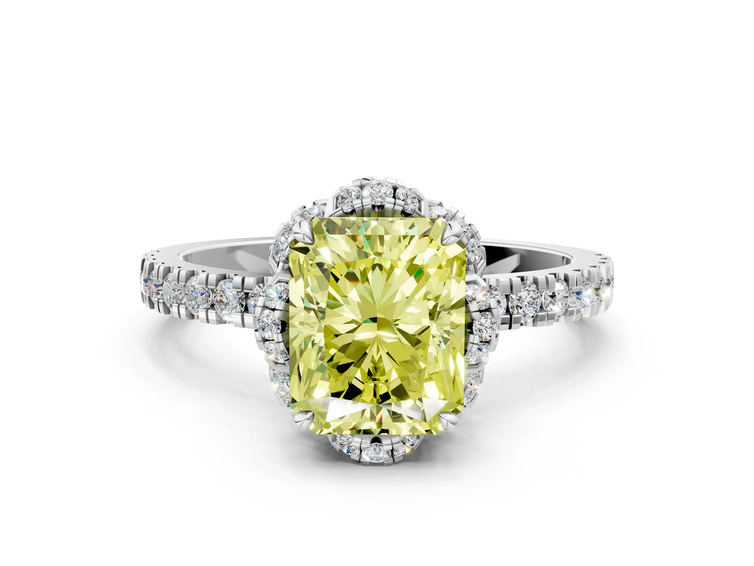 White gold Fancy Yellow Radiant Cut Diamond Halo Pave Band with Four-Prong Setting_3
