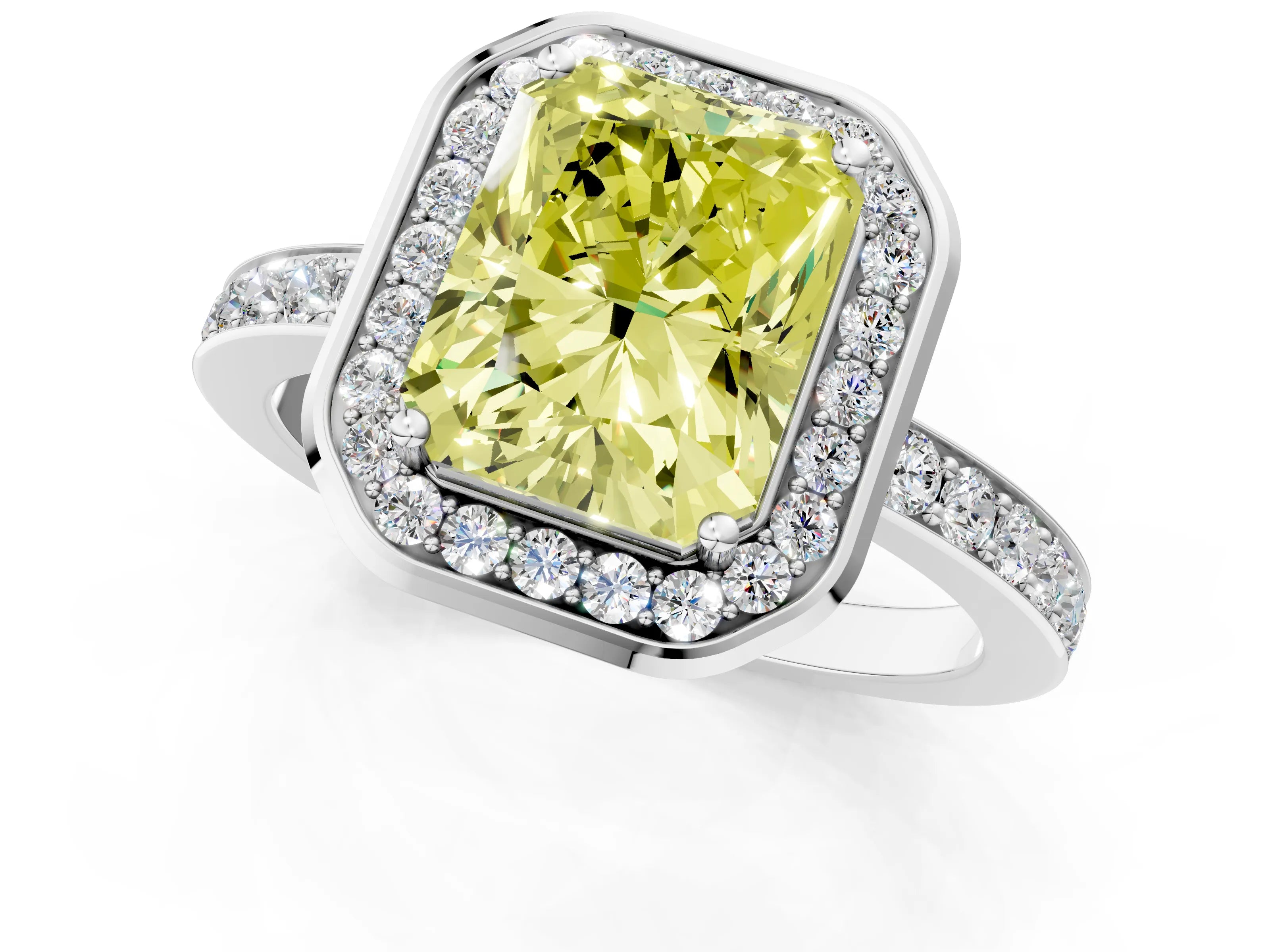 White gold Fancy Yellow Radiant Cut Diamond Halo Ring with Bezel Frame and Pavé Band_1