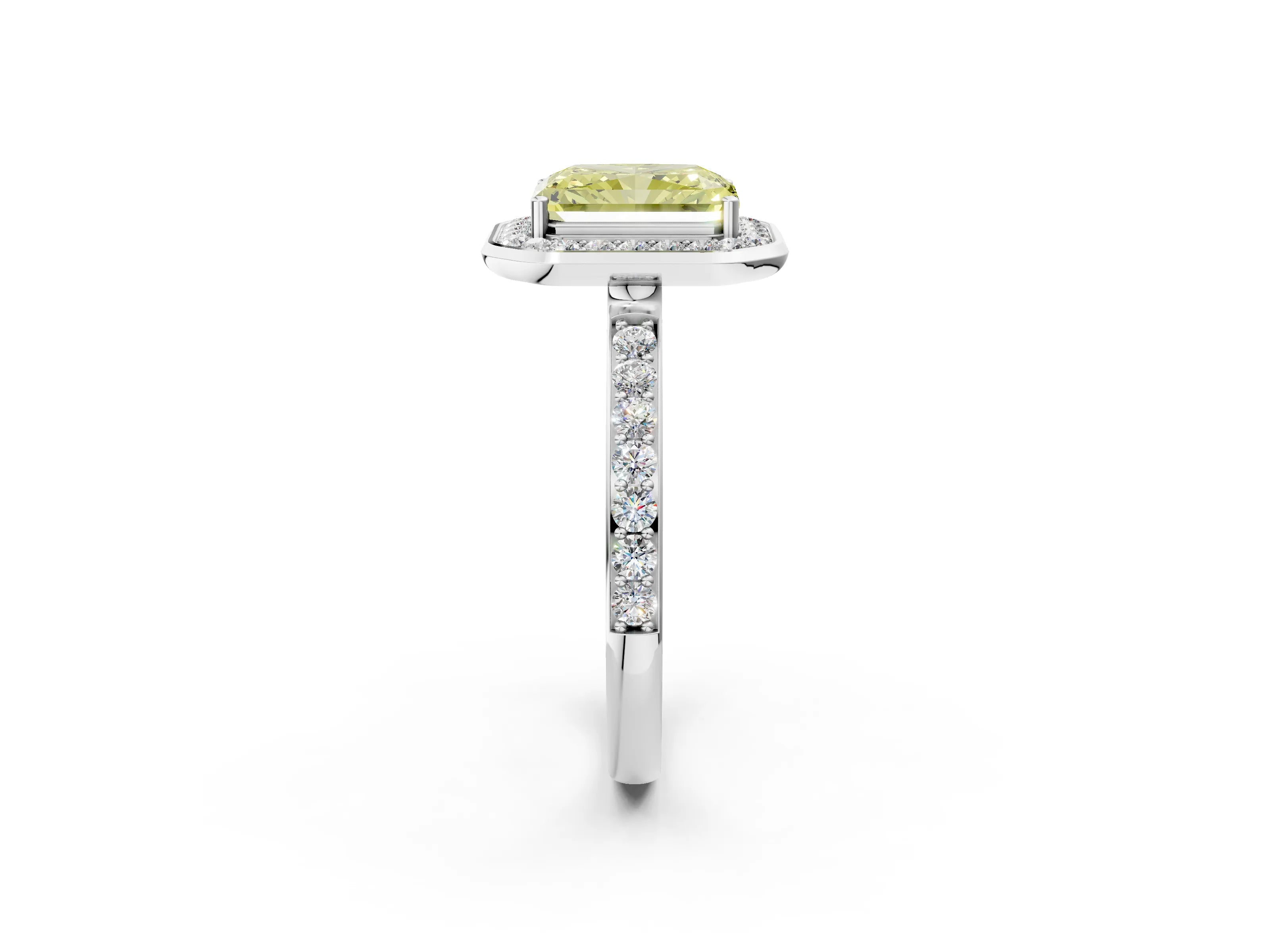 White gold Fancy Yellow Radiant Cut Diamond Halo Ring with Bezel Frame and Pavé Band_2