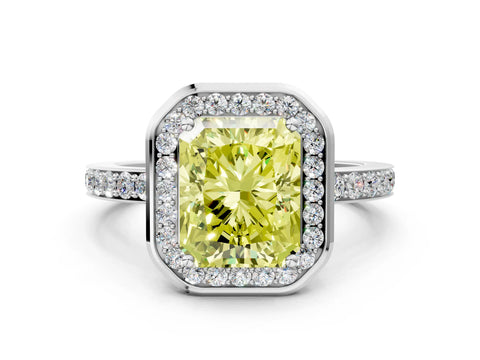 White gold Fancy Yellow Radiant Cut Diamond Halo Ring with Bezel Frame and Pavé Band
