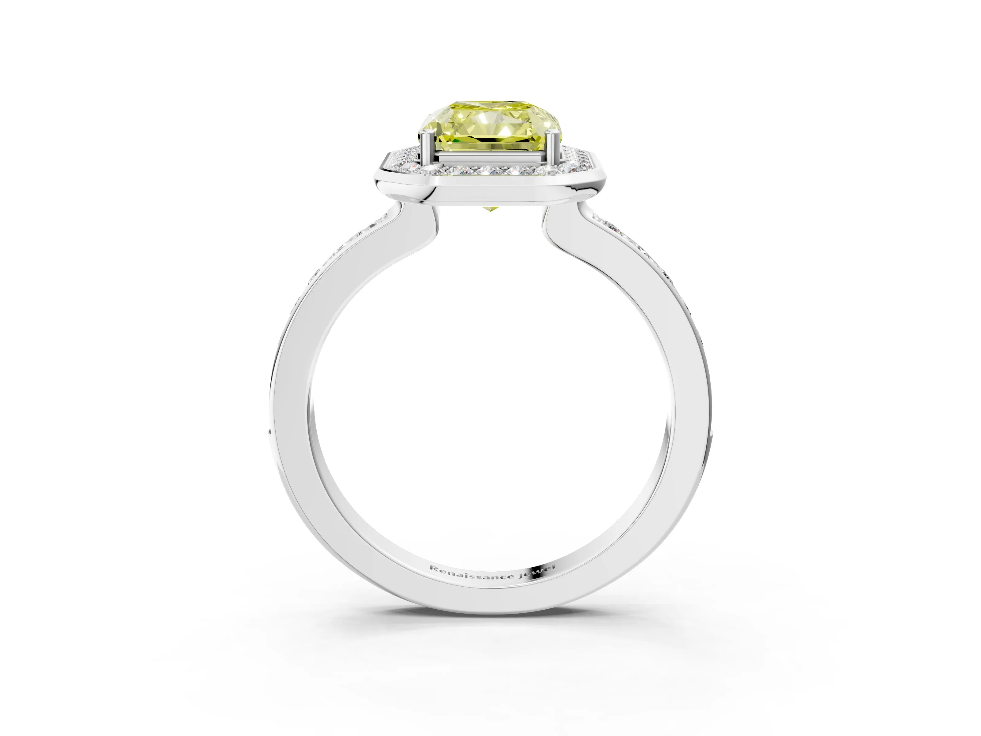 White gold Fancy Yellow Radiant Cut Diamond Halo Ring with Bezel Frame and Pavé Band_3