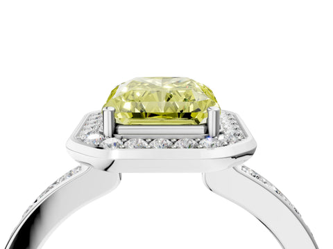 White gold Fancy Yellow Radiant Cut Diamond Halo Ring with Bezel Frame and Pavé Band_4