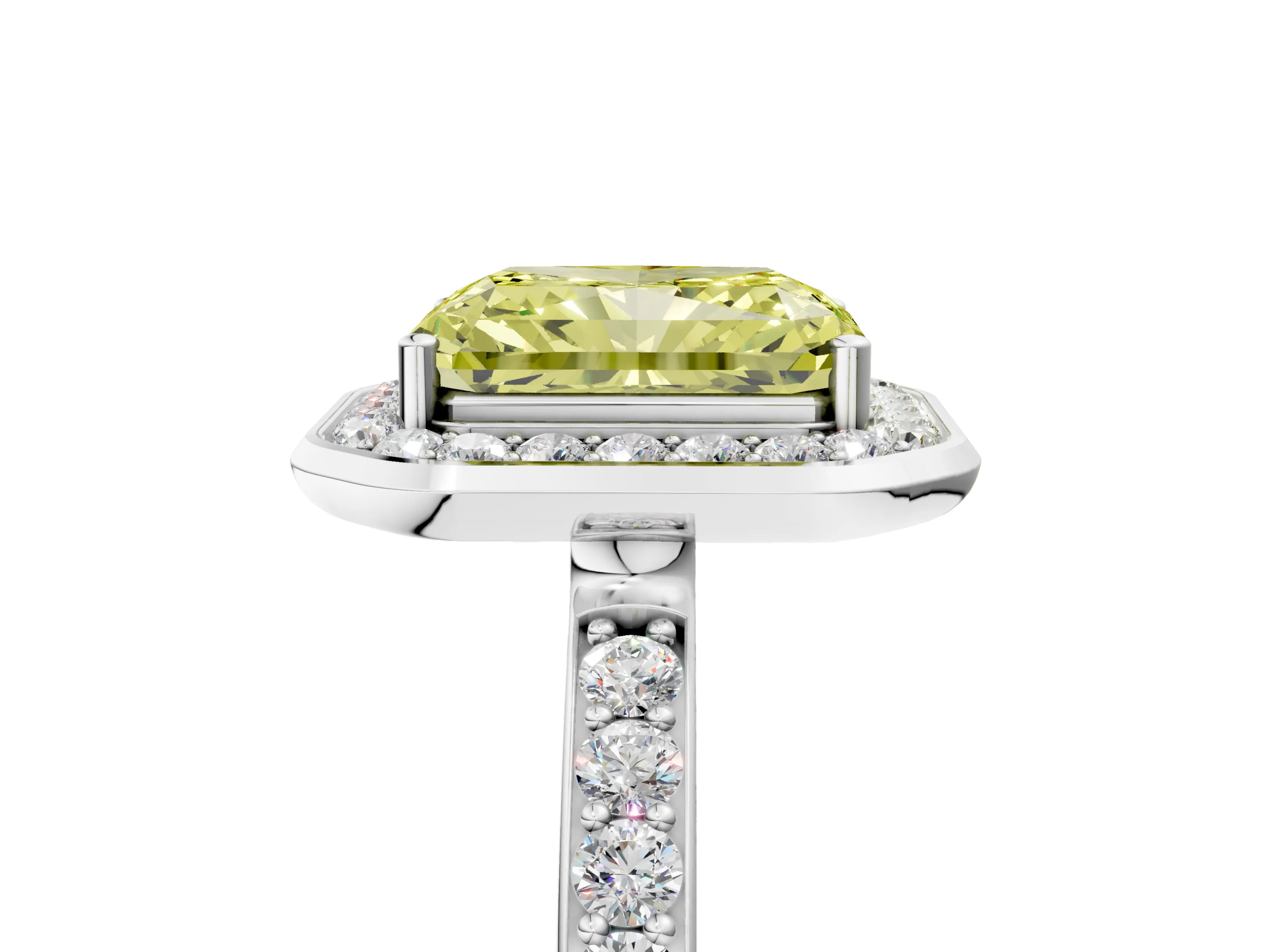 White gold Fancy Yellow Radiant Cut Diamond Halo Ring with Bezel Frame and Pavé Band_5