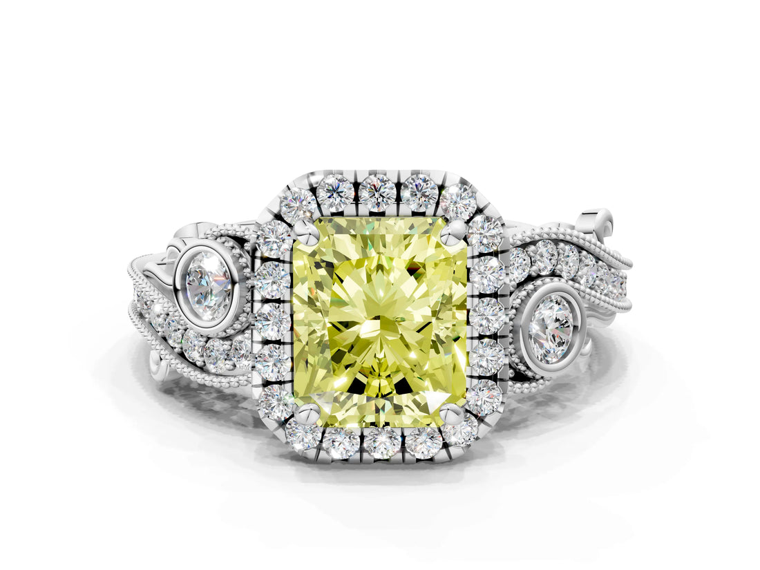 White gold Fancy Yellow Radiant Cut Diamond Halo Ring with Milgrain Pavé Band and Four-Prong Setting_66