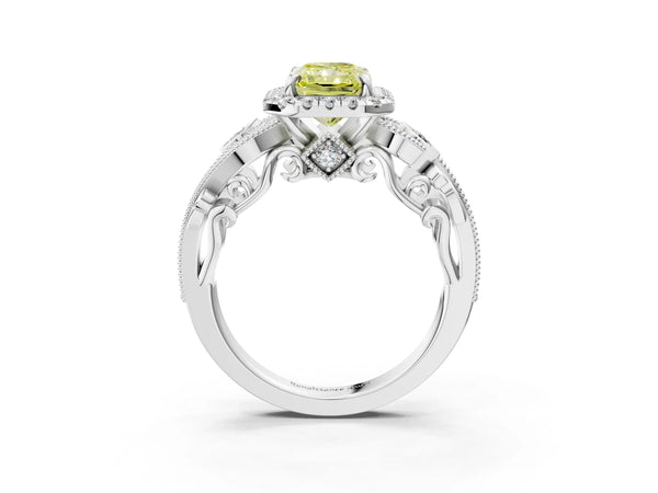 Platinum Radiant Cut Halo Engagement Ring Setting for Fancy Yellow Center with Bezel Accents