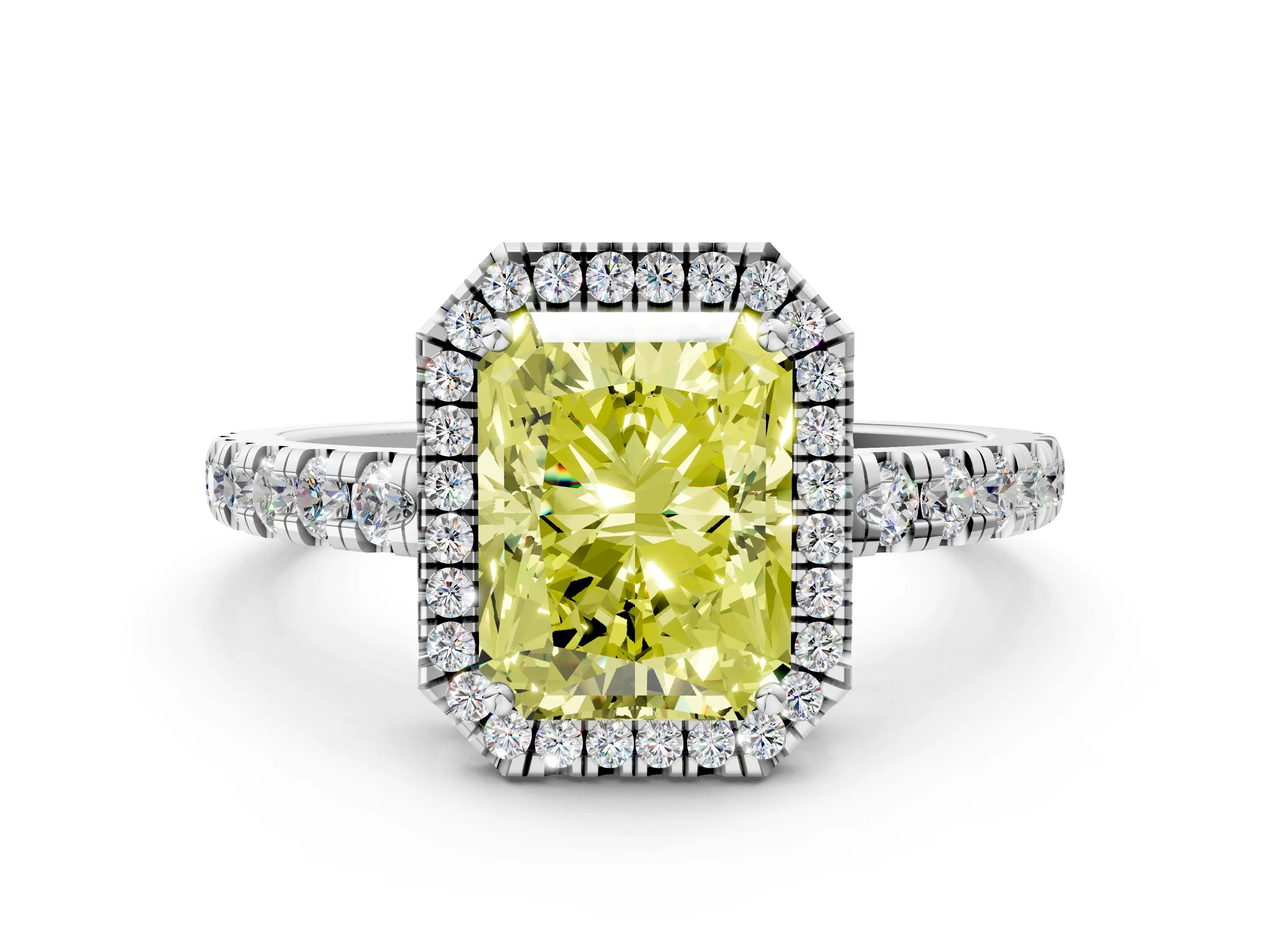 White gold Fancy Yellow Radiant Cut Diamond Halo Ring with Pavé Band and Four-Prong Setting_12