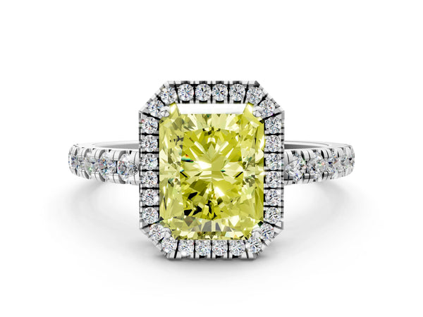 Platinum Fancy Yellow Radiant Cut Diamond Halo Ring with Pavé Band and Four-Prong Setting