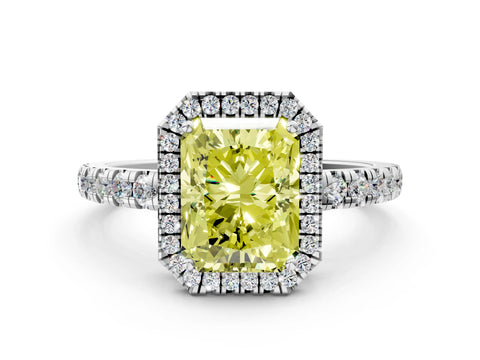 White gold Fancy Yellow Radiant Cut Diamond Halo Ring with Pavé Band and Four-Prong Setting_12