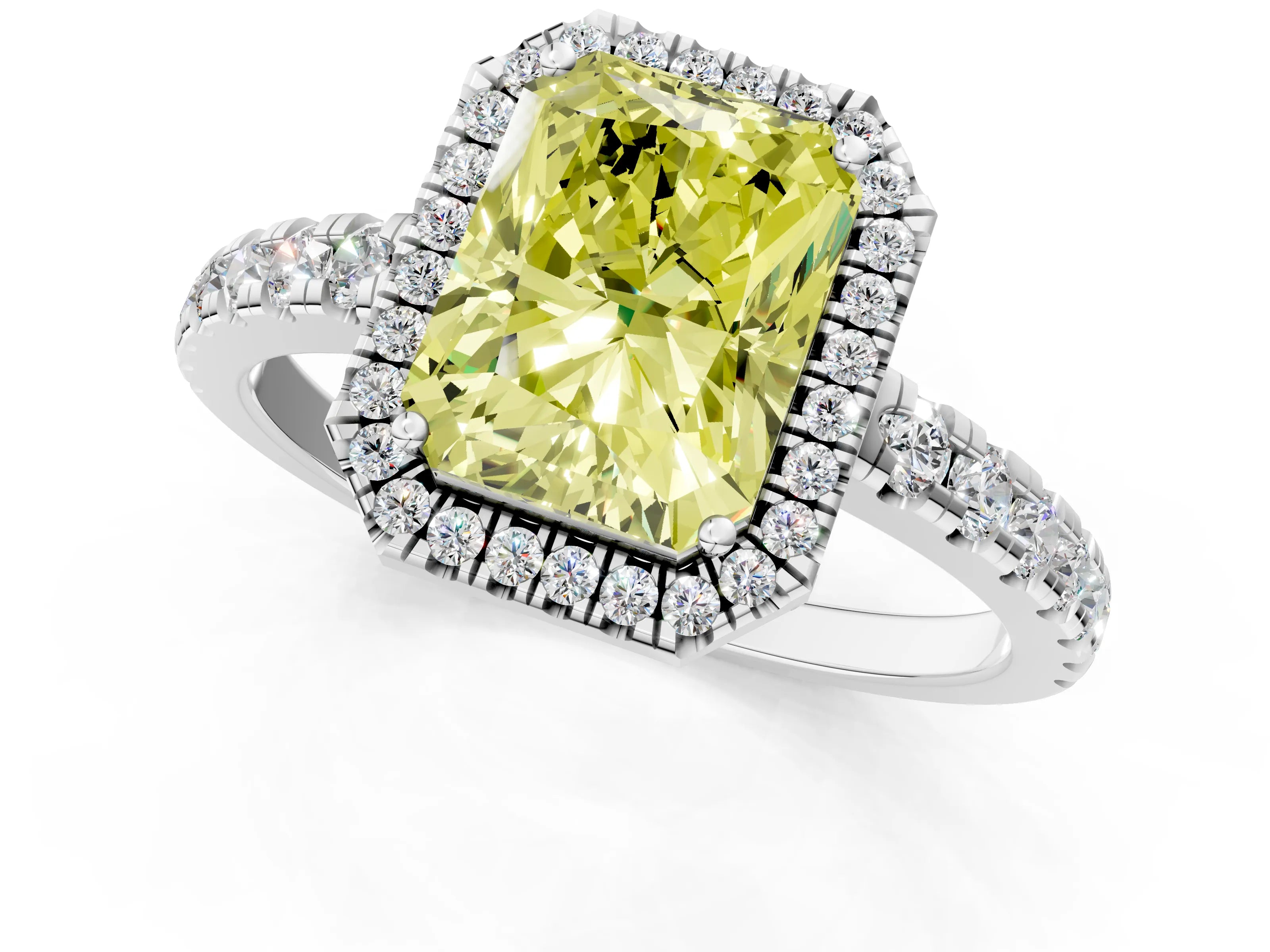 White gold Fancy Yellow Radiant Cut Diamond Halo Ring with Pavé Band and Four-Prong Setting_13
