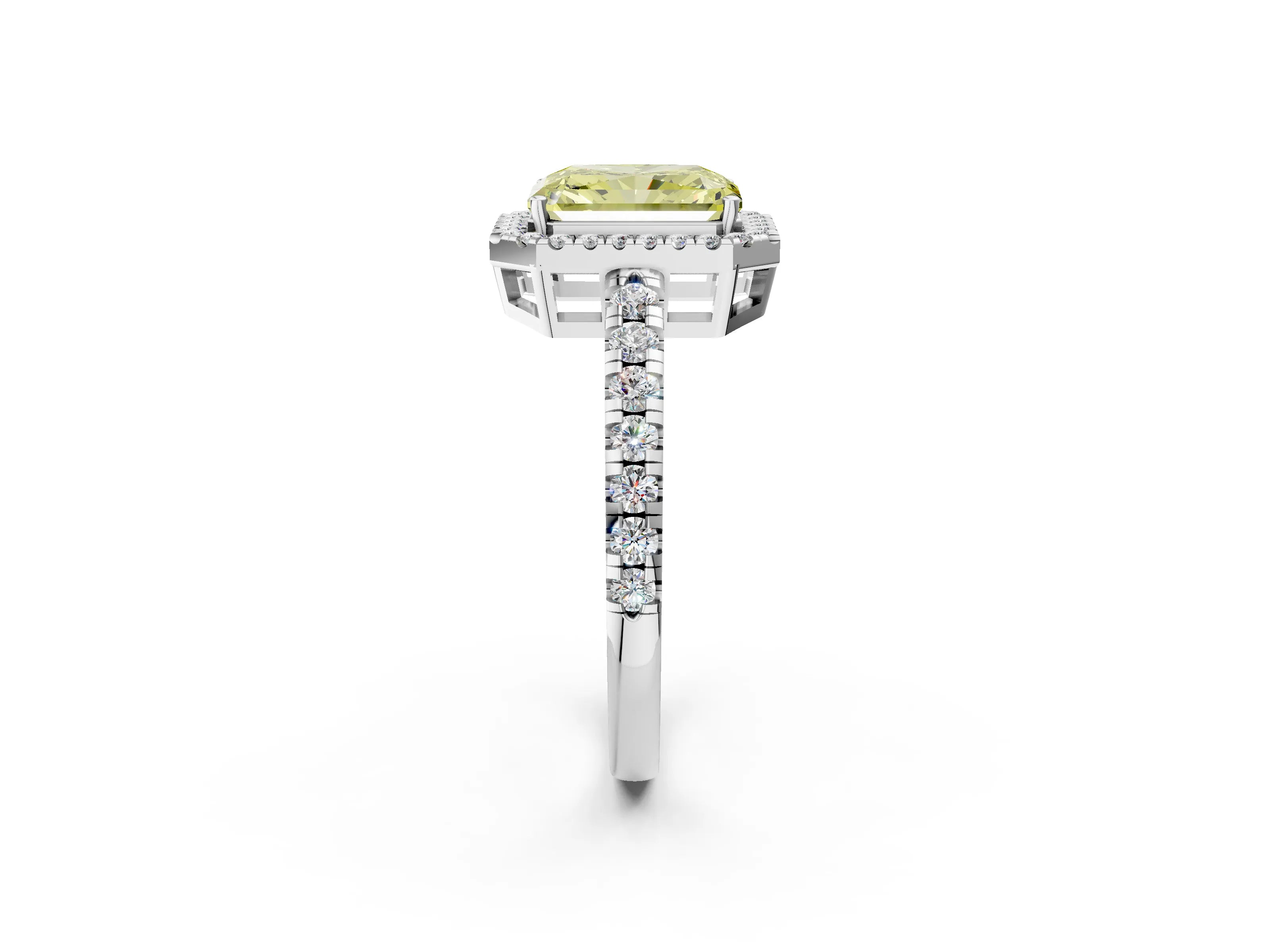 White gold Fancy Yellow Radiant Cut Diamond Halo Ring with Pavé Band and Four-Prong Setting_14