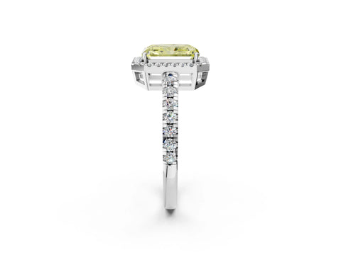 White gold Fancy Yellow Radiant Cut Diamond Halo Ring with Pavé Band and Four-Prong Setting_14