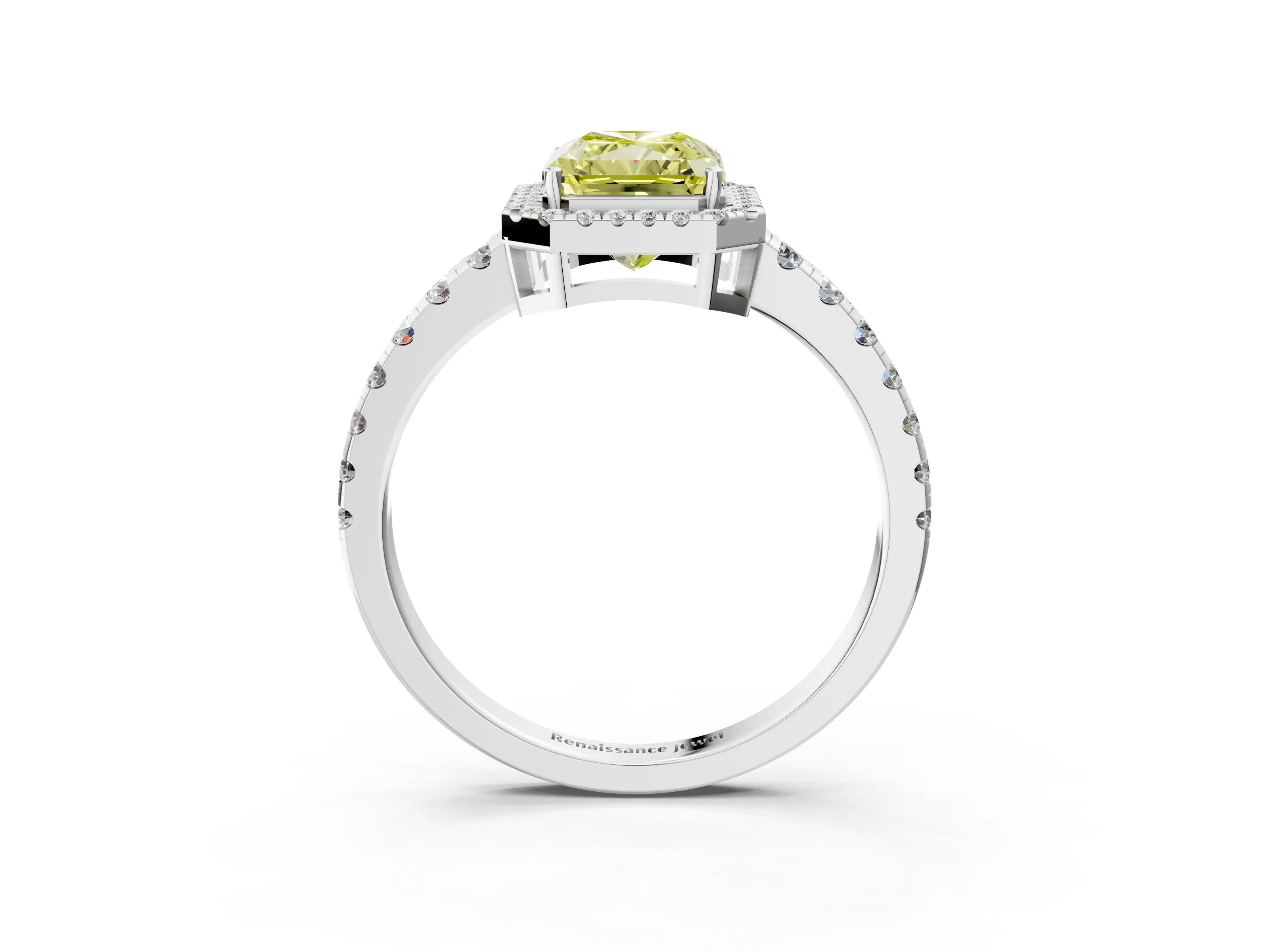 White gold Fancy Yellow Radiant Cut Diamond Halo Ring with Pavé Band and Four-Prong Setting_15