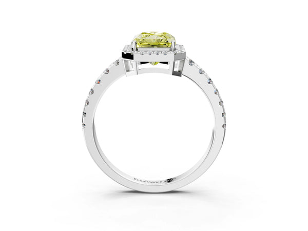Platinum Fancy Yellow Radiant Cut Diamond Halo Ring with Pavé Band and Four-Prong Setting