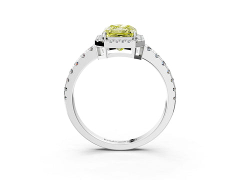 White gold Fancy Yellow Radiant Cut Diamond Halo Ring with Pavé Band and Four-Prong Setting_15
