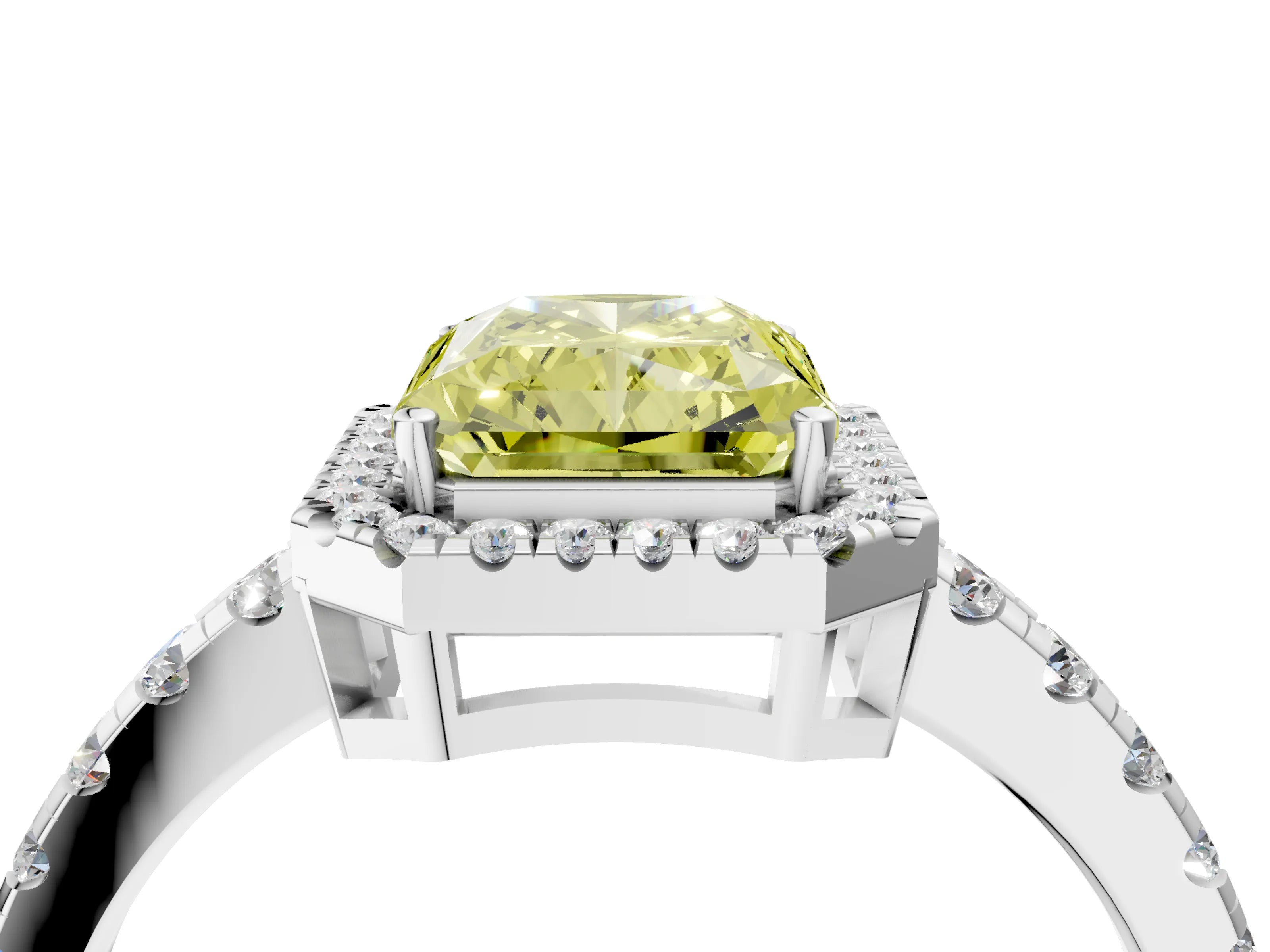 White gold Fancy Yellow Radiant Cut Diamond Halo Ring with Pavé Band and Four-Prong Setting_16