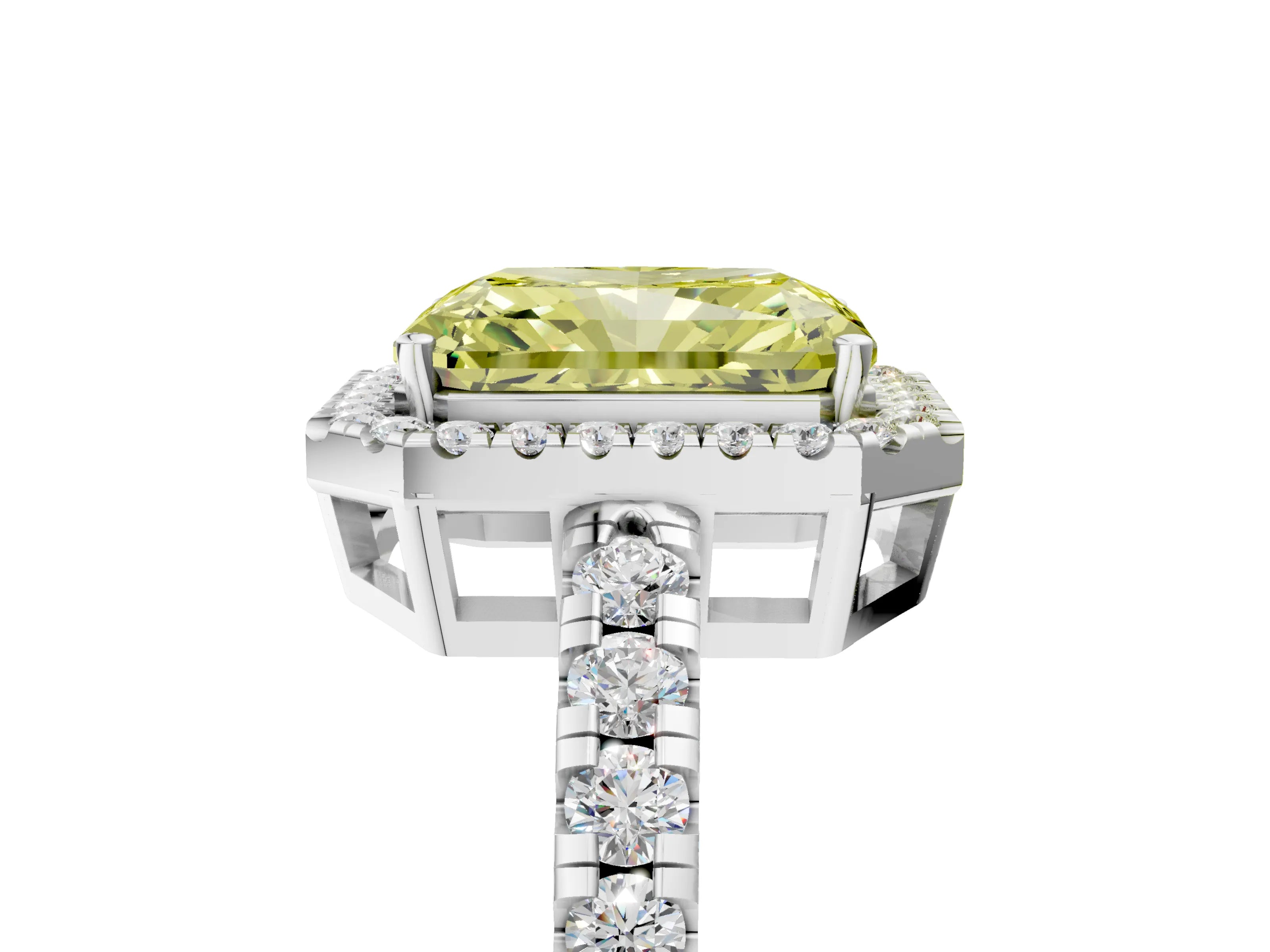 White gold Fancy Yellow Radiant Cut Diamond Halo Ring with Pavé Band and Four-Prong Setting_17