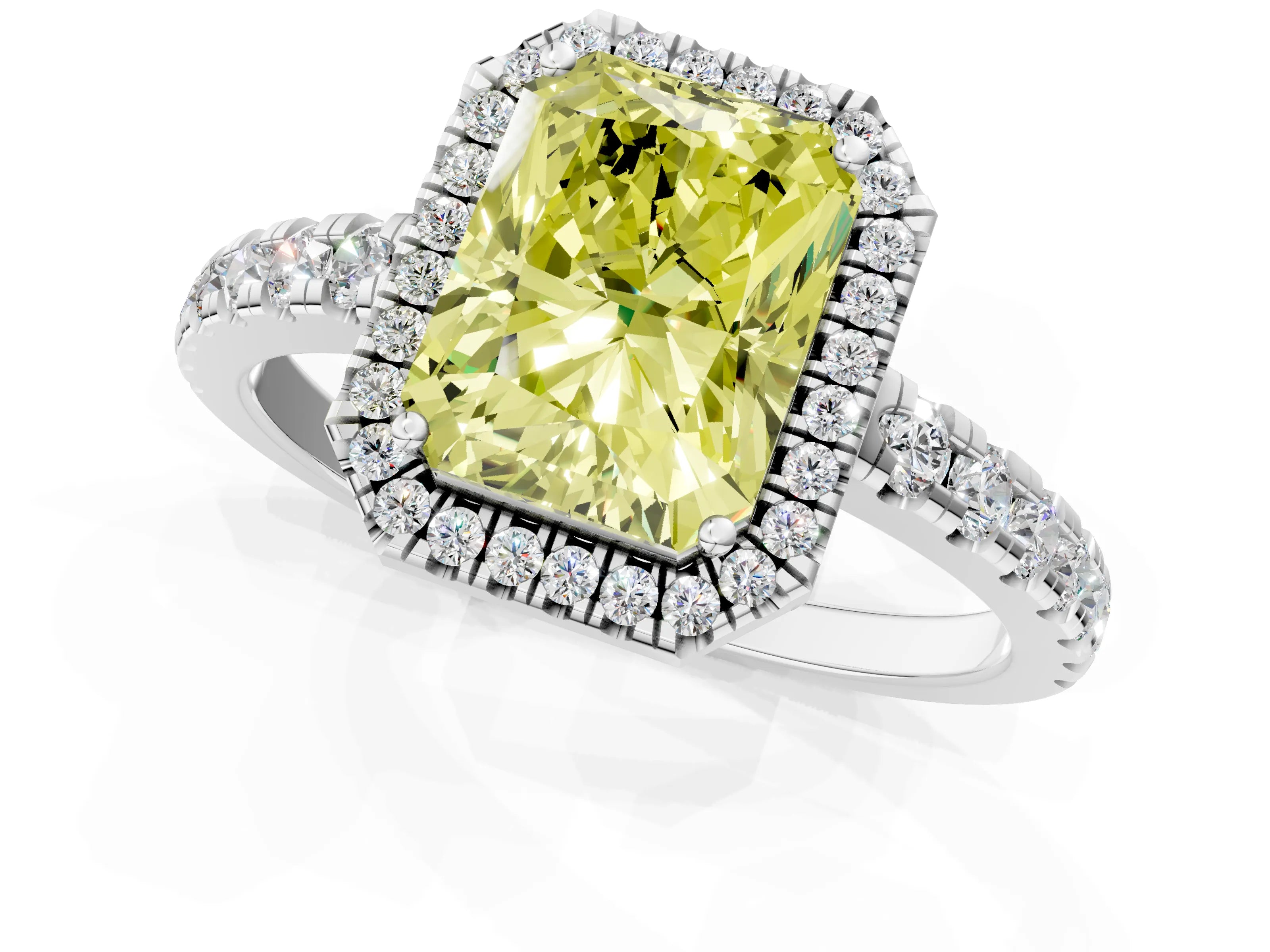 White gold Fancy Yellow Radiant Cut Diamond Halo Ring with Pavé Band and Four-Prong Setting_1