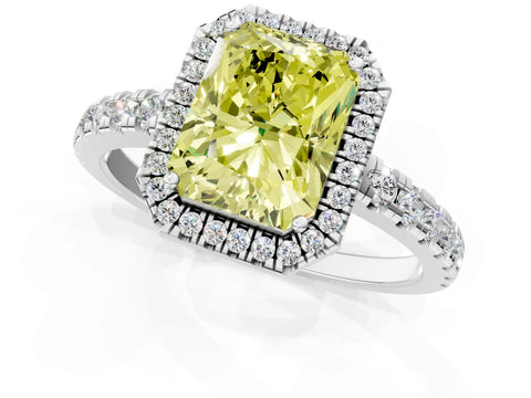 White gold Fancy Yellow Radiant Cut Diamond Halo Ring with Pavé Band and Four-Prong Setting_1