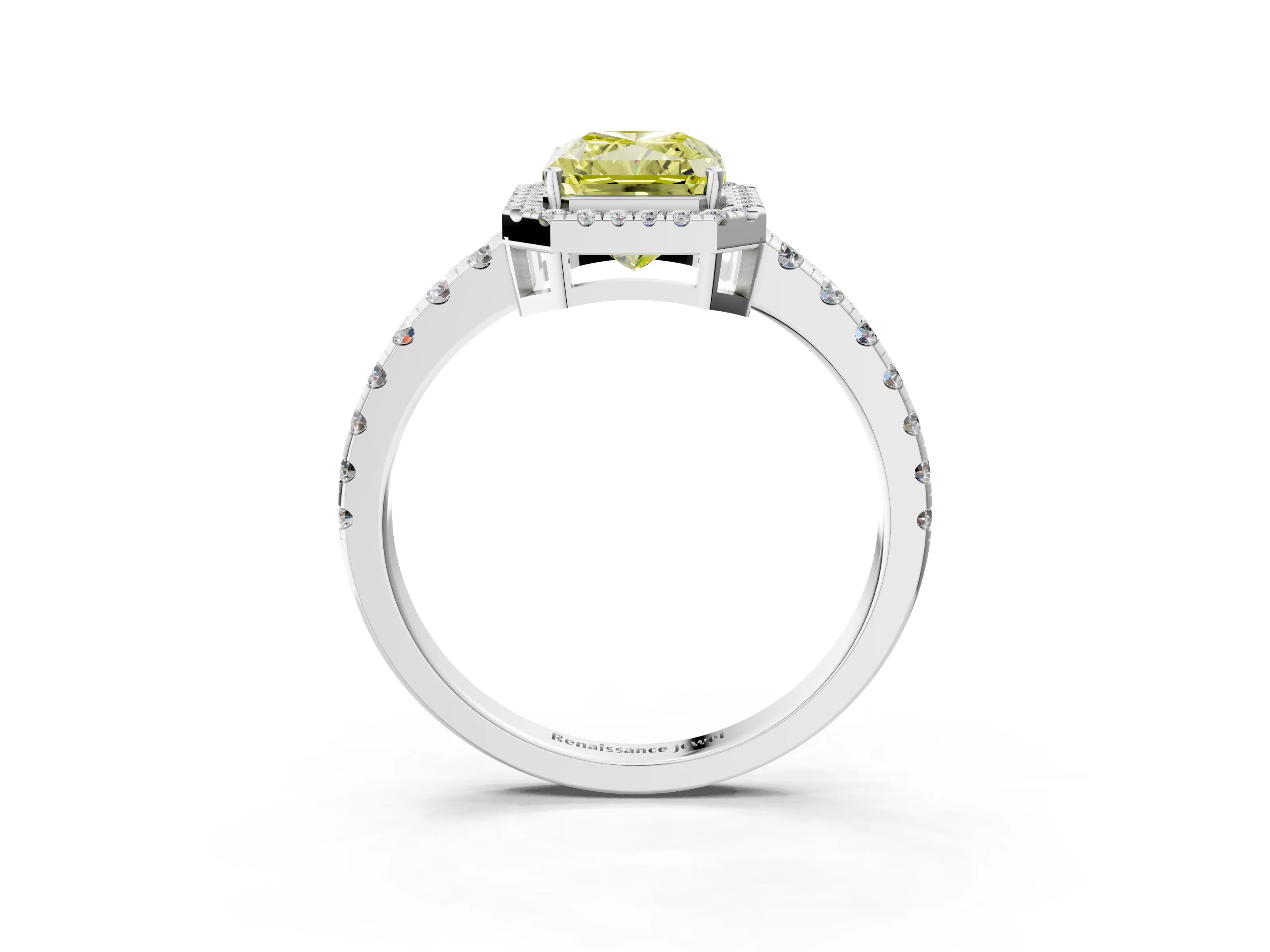 White gold Fancy Yellow Radiant Cut Diamond Halo Ring with Pavé Band and Four-Prong Setting_3