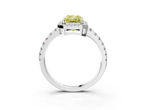 White gold Fancy Yellow Radiant Cut Diamond Halo Ring with Pavé Band and Four-Prong Setting_3