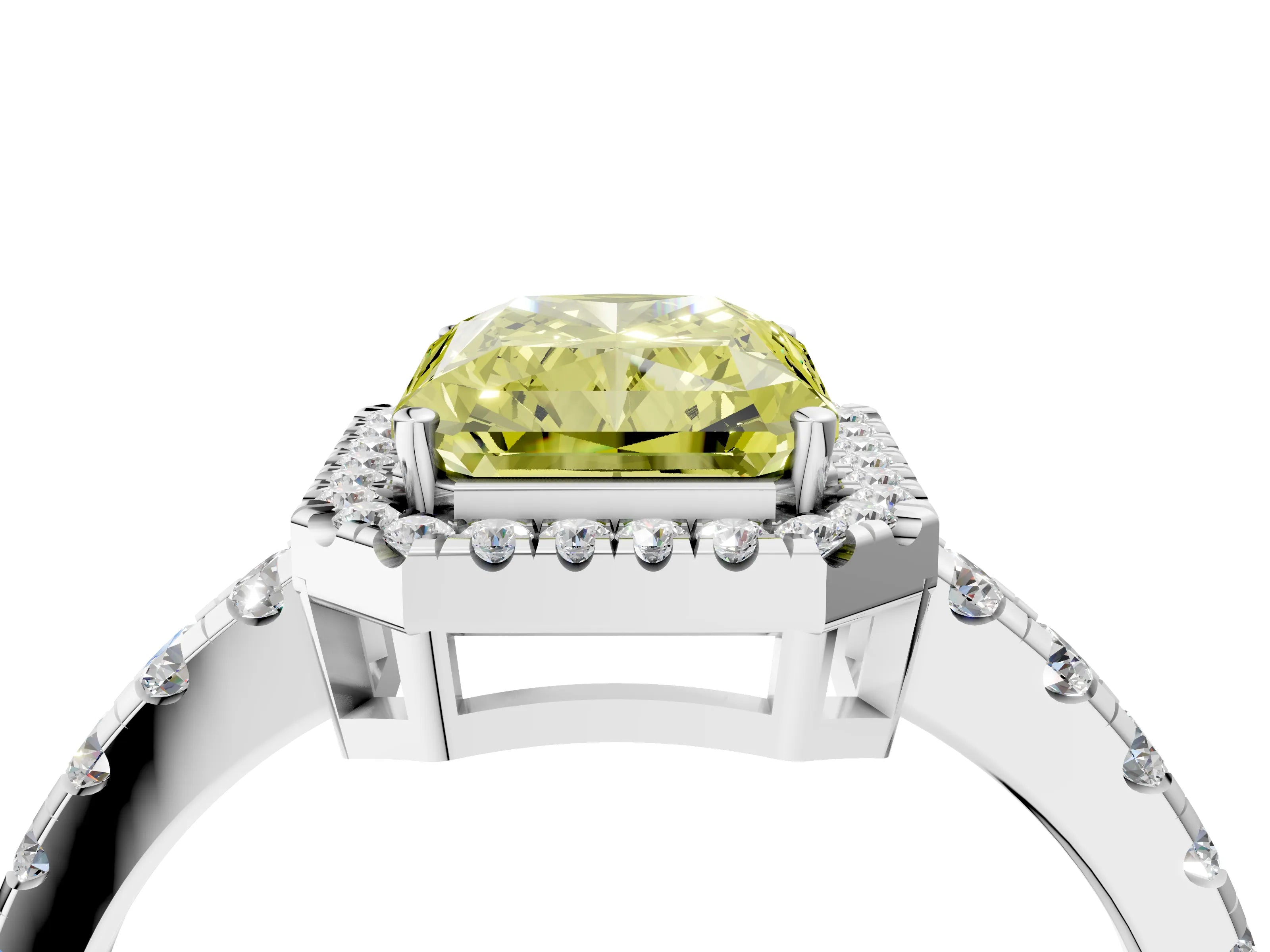 White gold Fancy Yellow Radiant Cut Diamond Halo Ring with Pavé Band and Four-Prong Setting_4