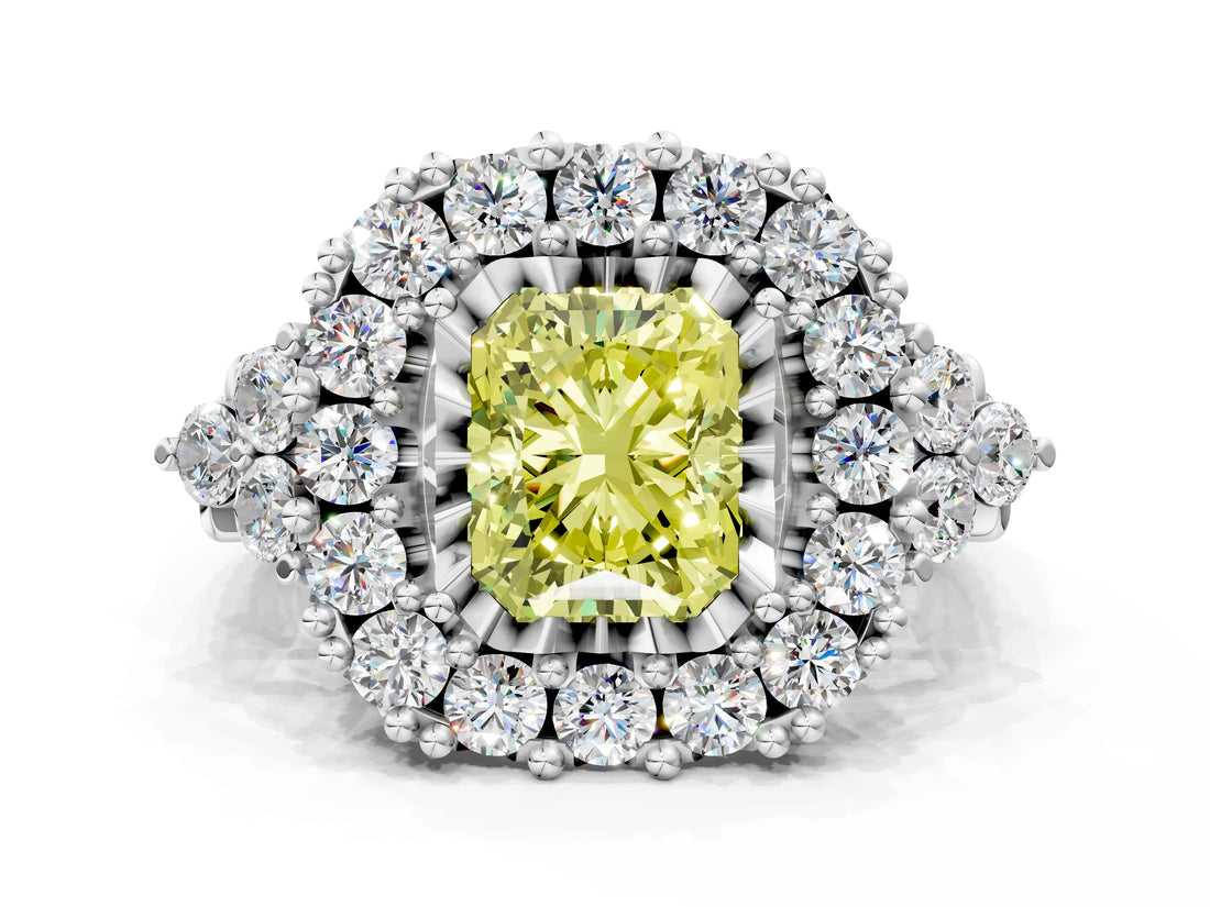 White gold Fancy Yellow Radiant Cut Diamond Halo Ring with Pavé Band and Four-Prong Setting_53