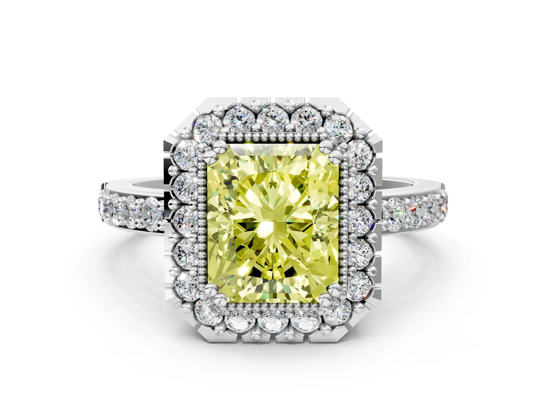 White gold Fancy Yellow Radiant Cut Diamond Halo Ring with Pavé Band and Prong Setting