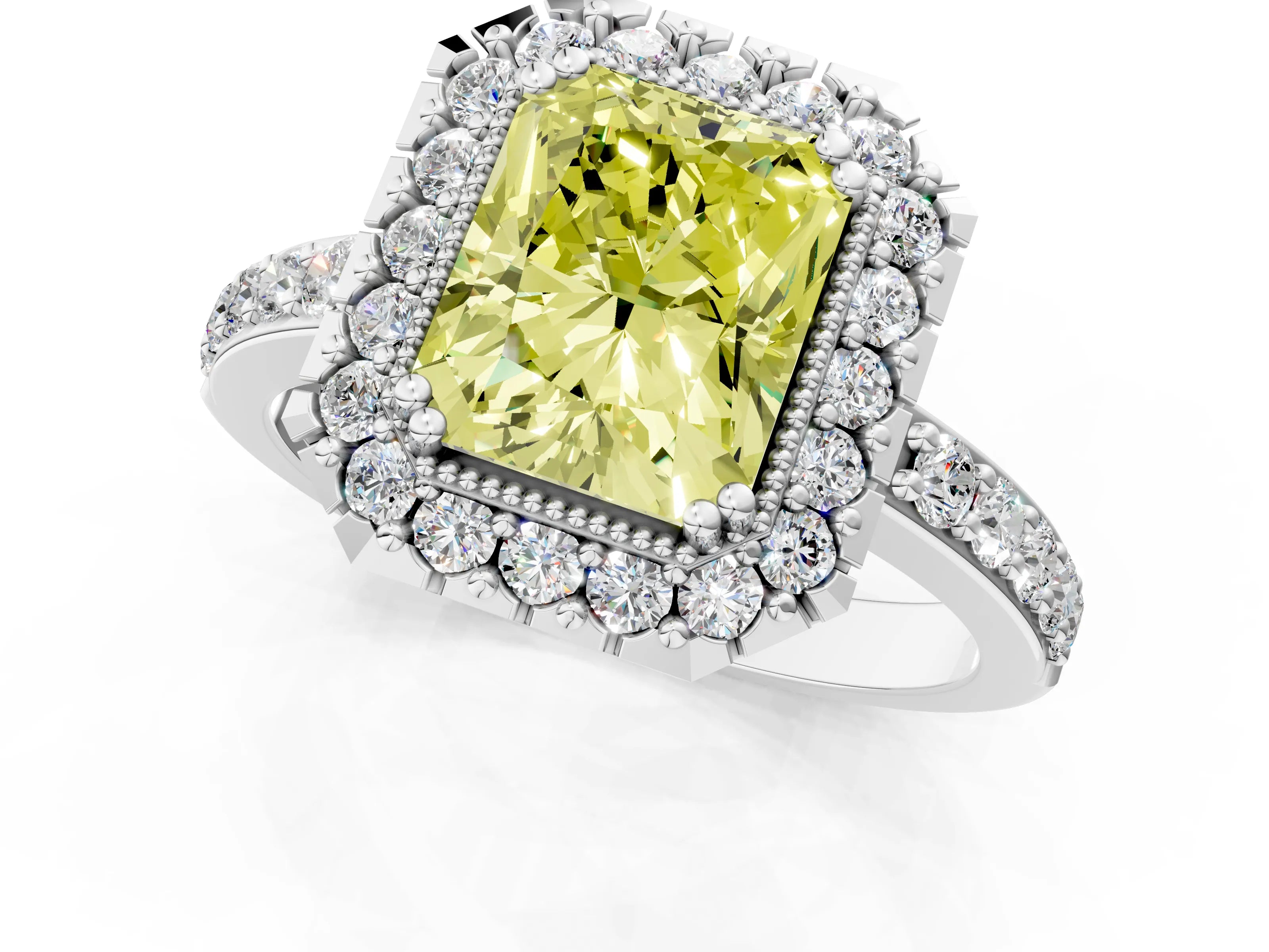 White gold Fancy Yellow Radiant Cut Diamond Halo Ring with Pavé Band and Prong Setting_1