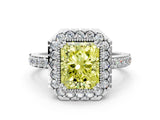 White gold Fancy Yellow Radiant Cut Diamond Halo Ring with Pavé Band and Prong Setting_12