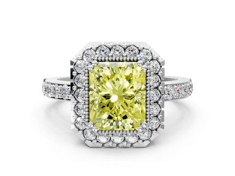 White gold Fancy Yellow Radiant Cut Diamond Halo Ring with Pavé Band and Prong Setting_12