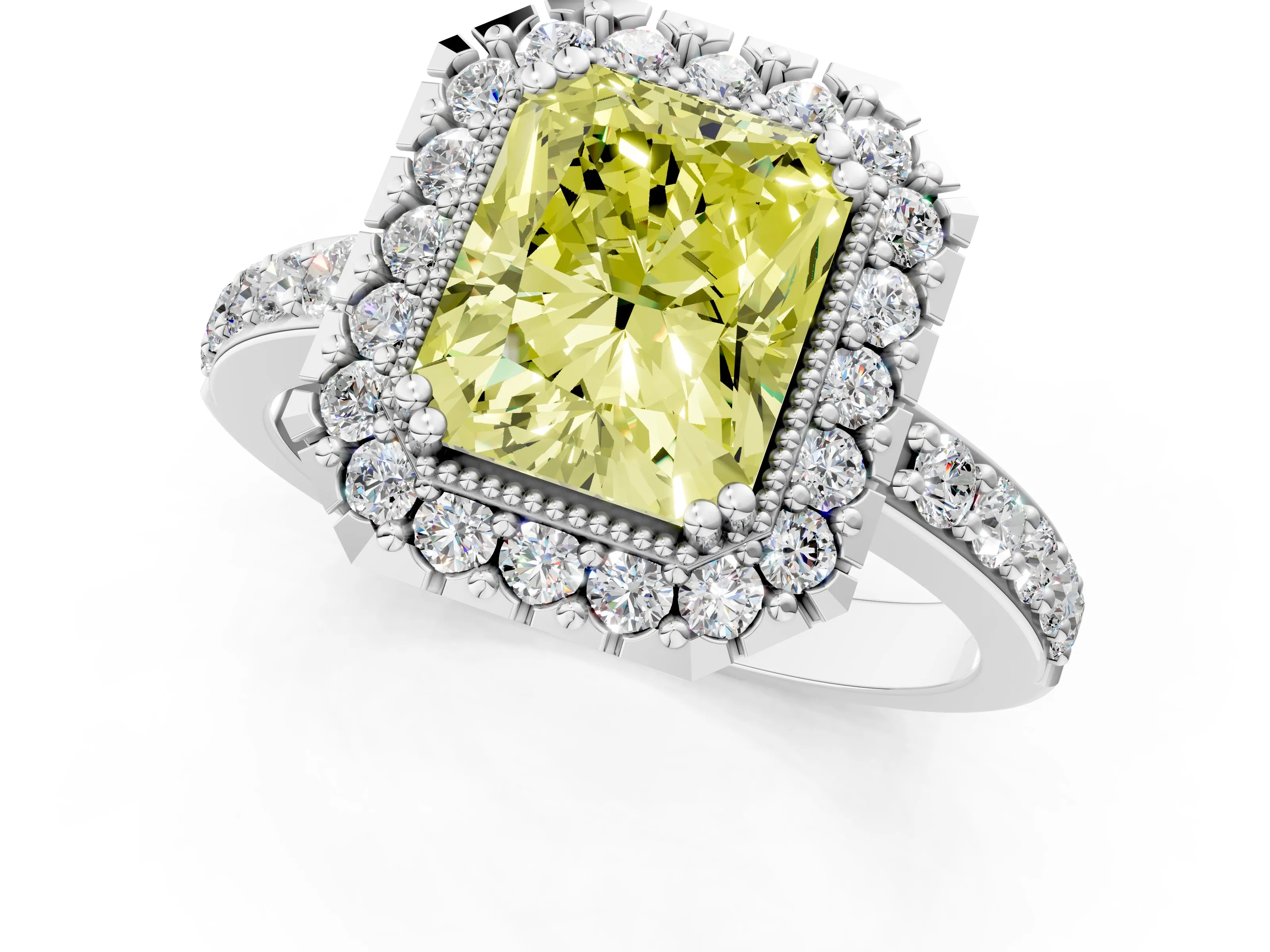 White gold Fancy Yellow Radiant Cut Diamond Halo Ring with Pavé Band and Prong Setting_13