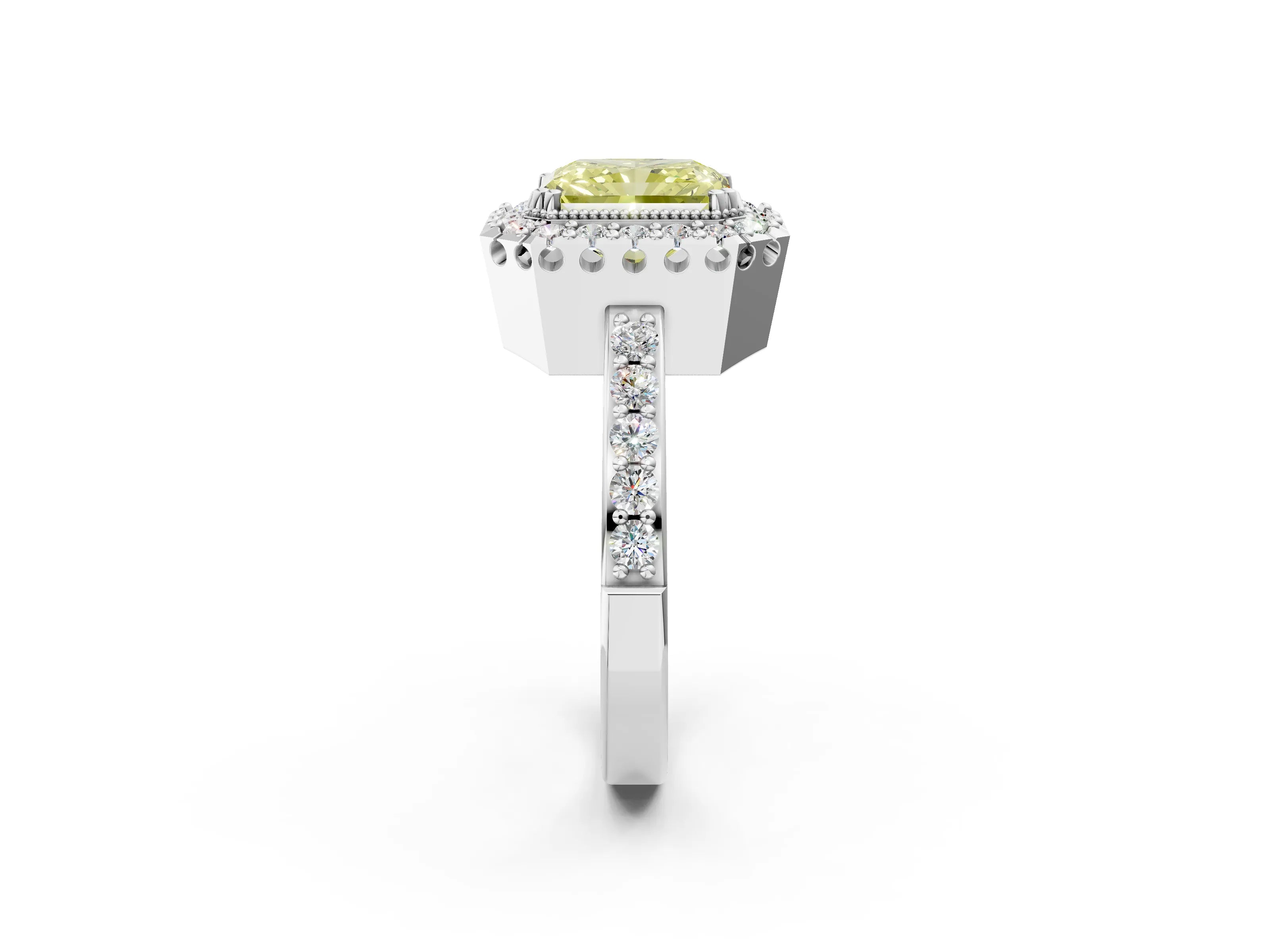 White gold Fancy Yellow Radiant Cut Diamond Halo Ring with Pavé Band and Prong Setting_14