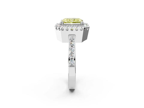 White gold Fancy Yellow Radiant Cut Diamond Halo Ring with Pavé Band and Prong Setting_14