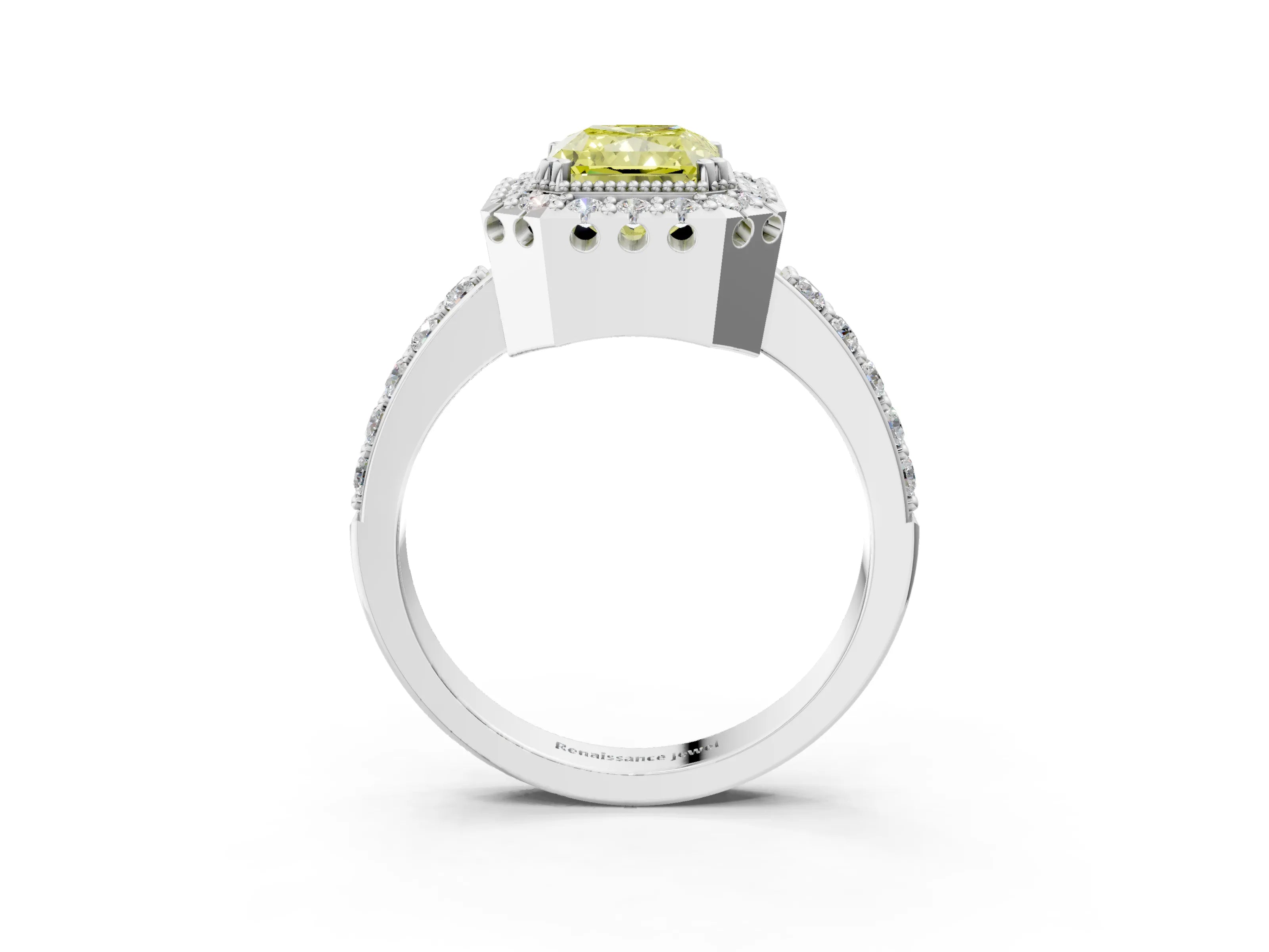 White gold Fancy Yellow Radiant Cut Diamond Halo Ring with Pavé Band and Prong Setting_15