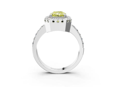 White gold Fancy Yellow Radiant Cut Diamond Halo Ring with Pavé Band and Prong Setting_15